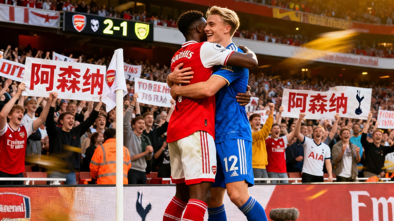 阿森纳前锋萨卡和厄德高在角旗区庆祝，背景是欢呼的主场球迷，记分牌显示2-1领先热刺。
